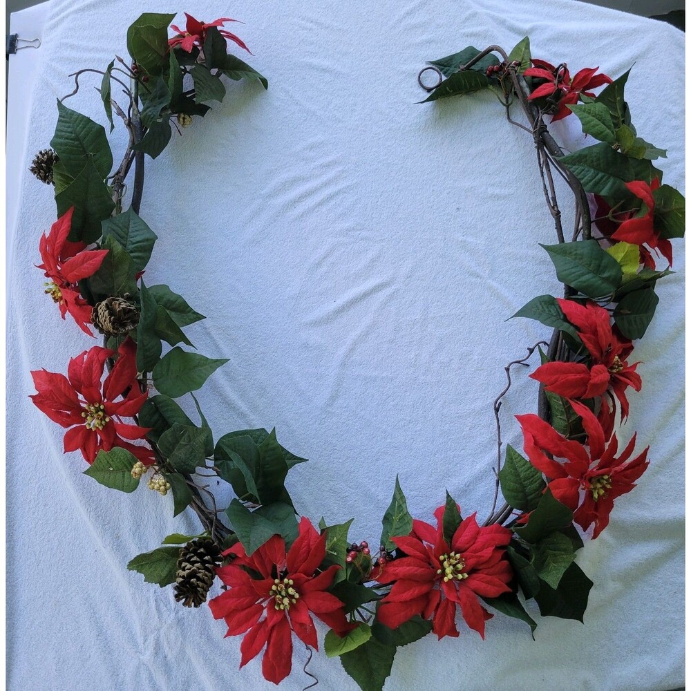 Red Poinsettia & Berry 6ft Mantel Door Stair Flower Swag Arrangement Christmas